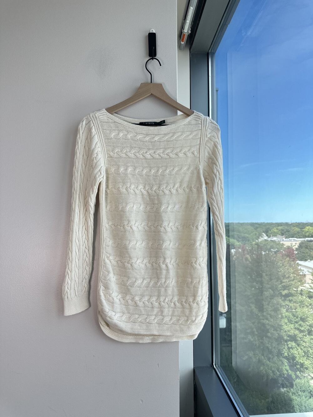 Lauren Ralph Lauren Women's Boat Neck Ivory Round Hem Cable Knit Sweater Sz M